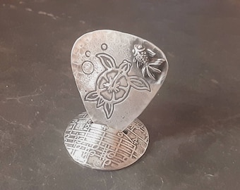 Sterling silver guitar pick and stand - playable with turtle and 3d fish detail