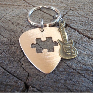 Bronze guitar pick keyring with puzzle piece cut out and brass guitar charm - can be customized - PLAYABLE
