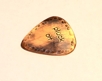 Pluck Off Copper Rustic Guitar Pick with Antiqued Patina and Hammered Texture