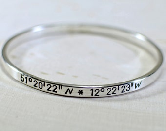 Latitude Longitude Personalized Bangle Custom Crafted in Solid 925 Sterling Silver