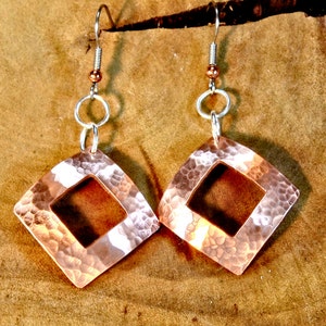 square copper drop earrings with hammered texture and window cut out image 1