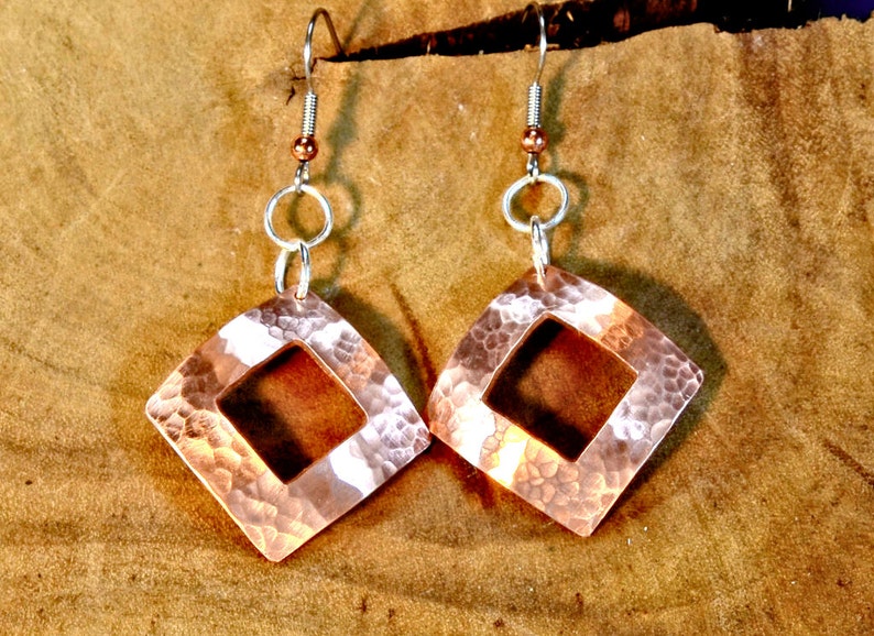 square copper drop earrings with hammered texture and window cut out image 1