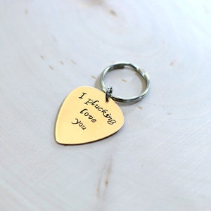 Bronze guitar pick keychain with I plucking love you KC458 image 5