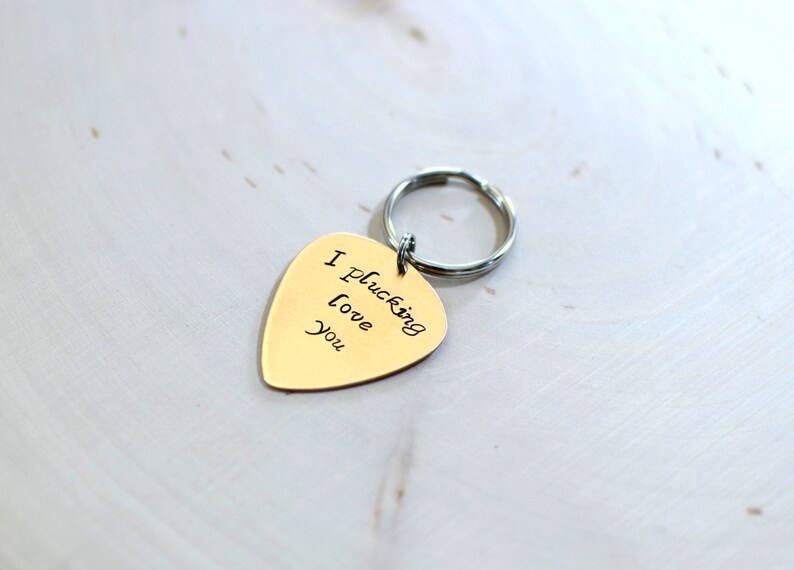 Bronze guitar pick keychain with I plucking love you KC458 image 5