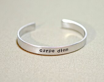 Carpe Diem Bru Hand Stamped Cuff Thin Stacking Bracelet Personalized Custom Order Adjustable Handmade 