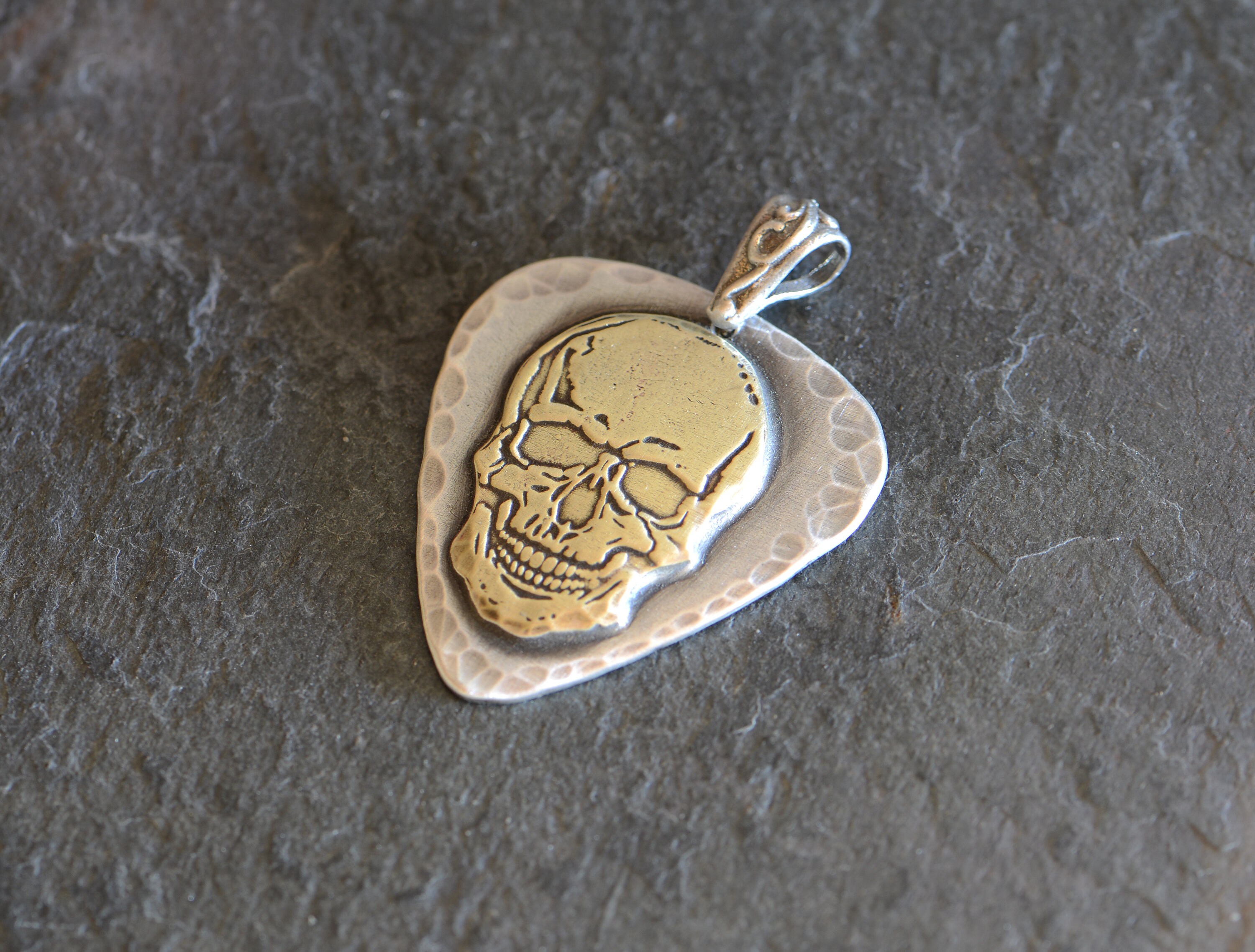Sterling Silver Guitar Pick Pendant With Brass Skull - Pick is