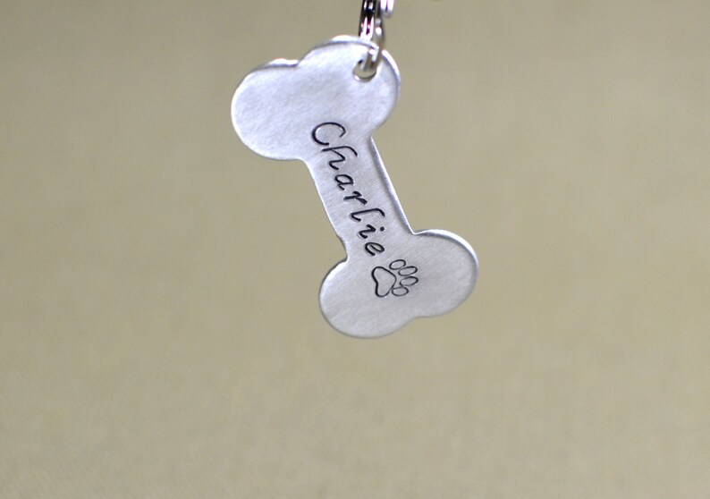 May include: Silver bone-shaped dog tag with the name "Charlie" engraved on it and a paw print below the name.