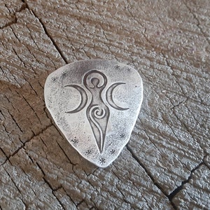 Aluminum guitar pick with moon goddess - playable - hammered texture on back