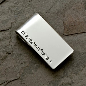 Sterling Silver Money Clip with Personalized Coordinates -  25th or silver anniversary gift