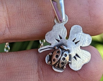 Clover leaf and ladybug charm necklace made from solid sterling silver - handmade - with chain or without