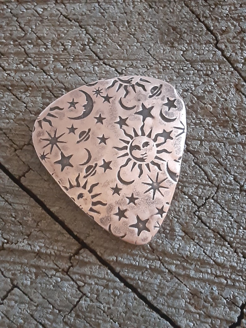 Limited Edition Copper guitar pick playable with sun moon and stars celestial copper pick NicisPicks Original image 4