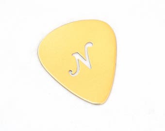 Fancy Letter Personalized Bronze Handmade Guitar Pick with Unique Calligraphy Inspired Cut Out