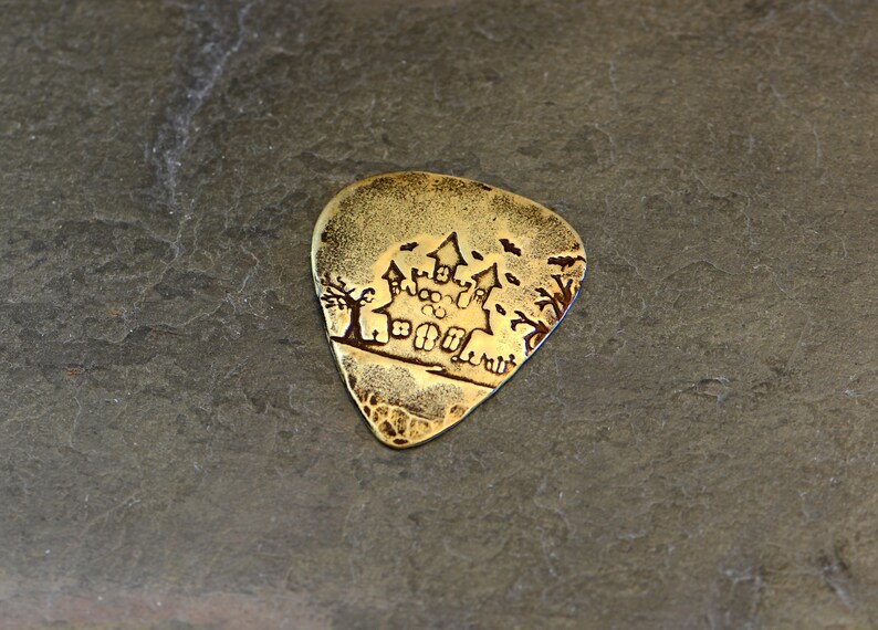 Spooky house Halloween guitar pick playable in brass image 2