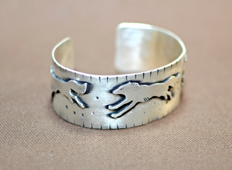 Sterling silver running wolves bracelet featuring artisian handcrafted wolves on wide silver cuff solid 925 BR065 image 5