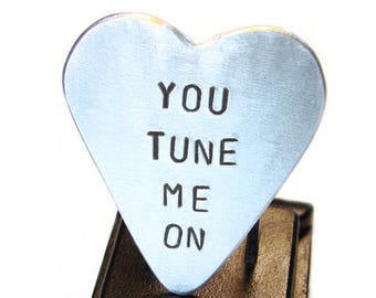 Heart Guitar Pick with You Tune Me On Handmade in Aluminum  - GP403