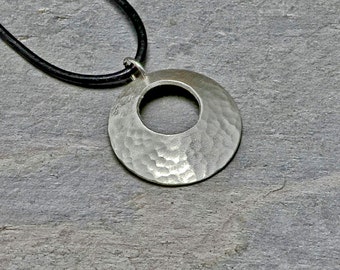 Hammered Sterling Silver Disc Necklace Handmade with Window View and Rustic Brushed Finish - NL792