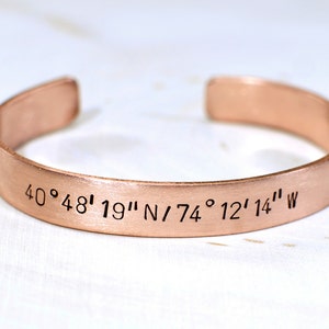 copper cuff bracelet unisex -mens or women with your coordinates of your special place