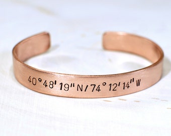 Copper cuff bracelet unisex -mens or women with your coordinates of your special place