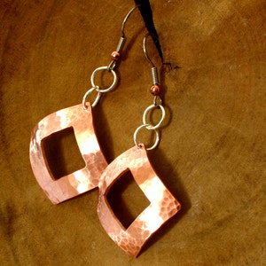 square copper drop earrings with hammered texture and window cut out image 3