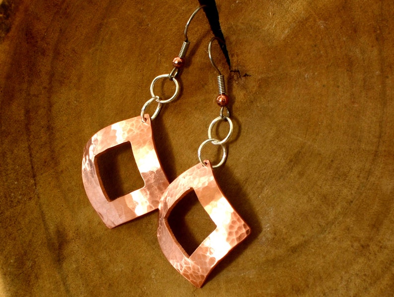 square copper drop earrings with hammered texture and window cut out image 3