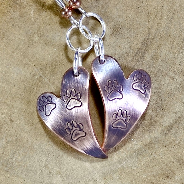 Copper Heart Shaped Dangle Earrings with Paw Design and Iridescent Purple Patina - ER092