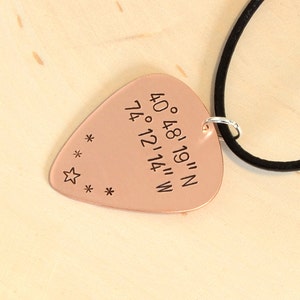 Latitude Longitude Personalized Coordinates Copper Guitar Pick Necklace GP173 image 3