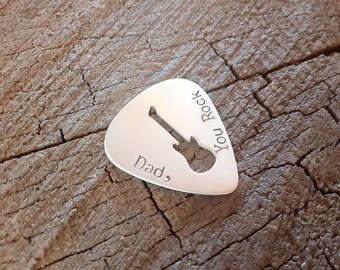 Aluminum guitar pick - playable for dad with guitar cut out - fathers day gift