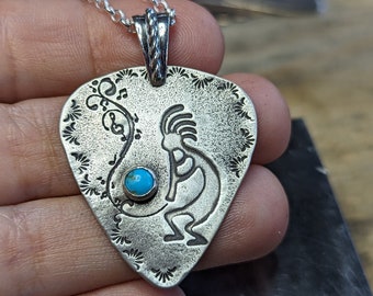 Sterling Silver and Turquoise Kokopelli Guitar Pick Pendant