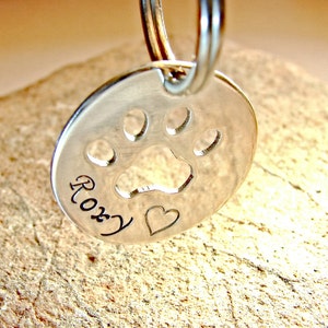 Sterling silver dog tag with handsawed paw cut out and personalized name 925 DT404 image 1