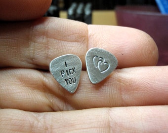 Guitar Pick Stud Earrings in Sterling Silver and stamped with I pick you - Small and Cute Sizing