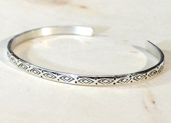 Dainty Sterling Silver Cuff Bracelet Imprinted with Handmade Western Metal Stamps – Solid 925 BR4144