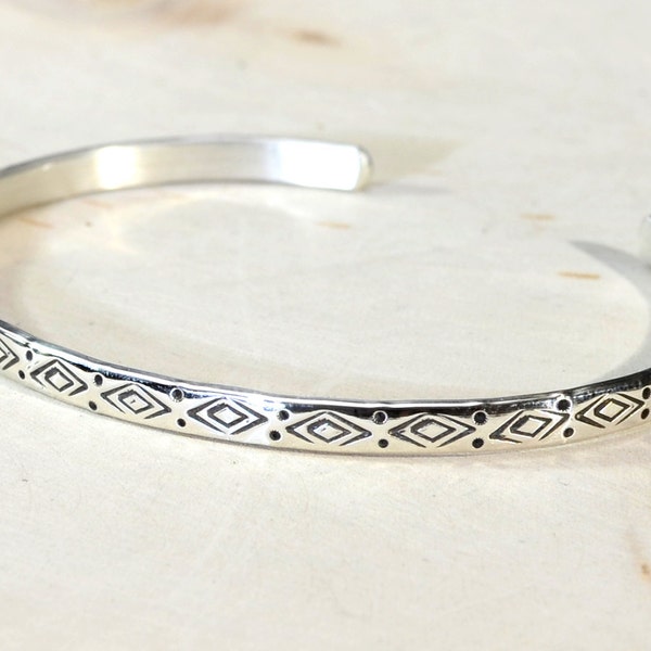 Dainty Sterling Silver Cuff Bracelet Imprinted with Handmade Native American Metal Stamps – Solid 925 BR4144