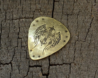 Winged Cross Brass Artisan Guitar Pick with Handmade Custom Imprint