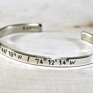 dainty sterling silver cuff bracelet with gps coordinates - custom bracelet - silver anniversary - 25th anniversary gift for her