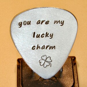 Lucky Guitar Pick Handmade from Aluminum with Four Leaf Clover GP262 image 1