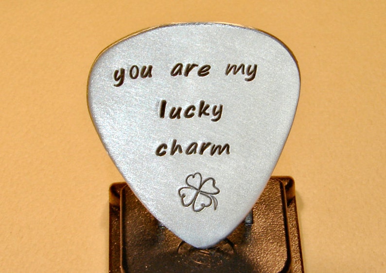 Lucky Guitar Pick Handmade from Aluminum with Four Leaf Clover GP262 image 1