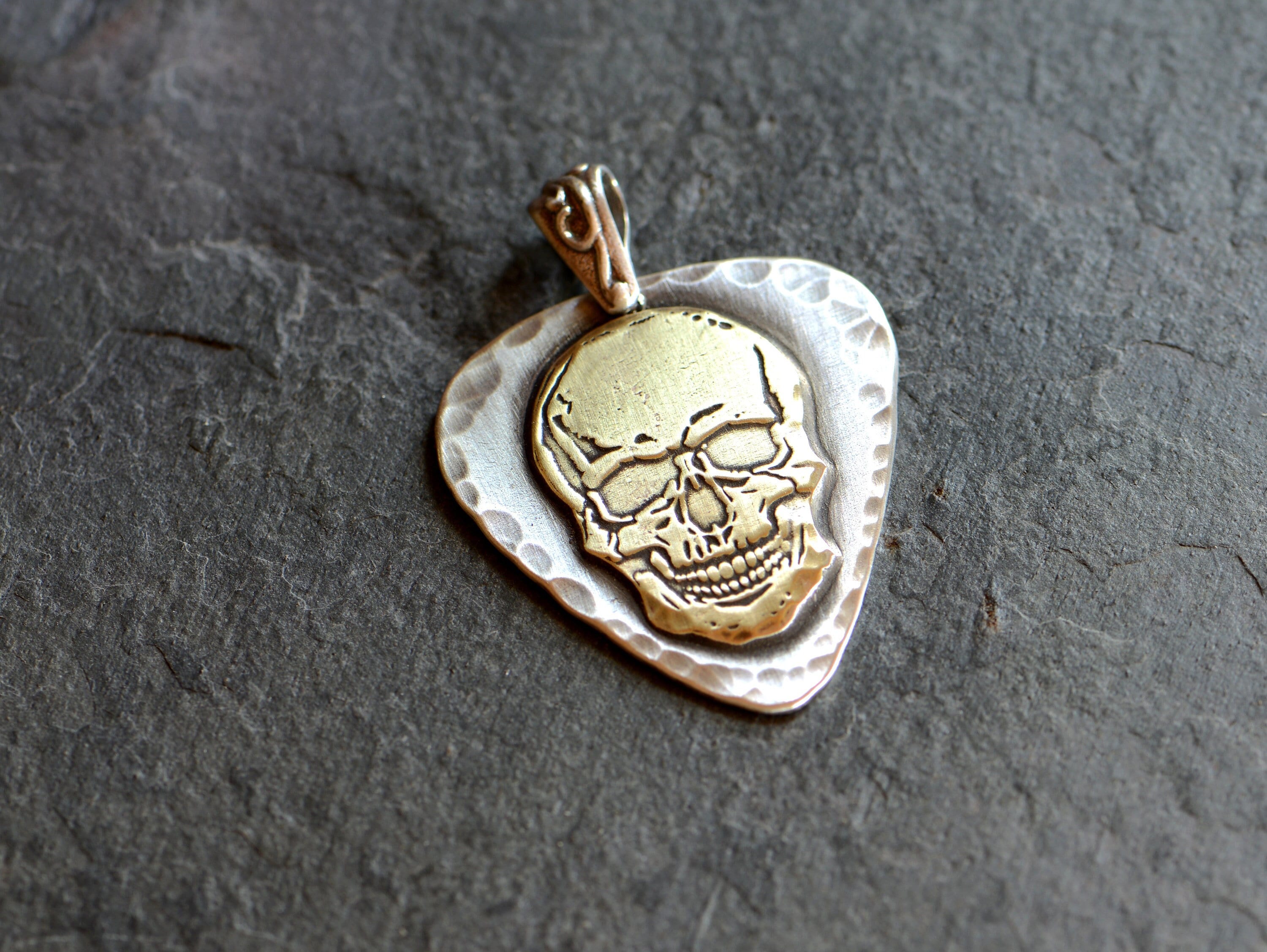 Sterling Silver Guitar Pick Pendant With Brass Skull - Pick is