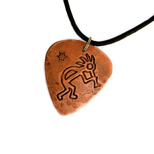 copper guitar pick necklace with Kokopelli - playable copper guitar pick