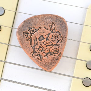 Copper Skull with Roses Guitar Pick - handmade and playable