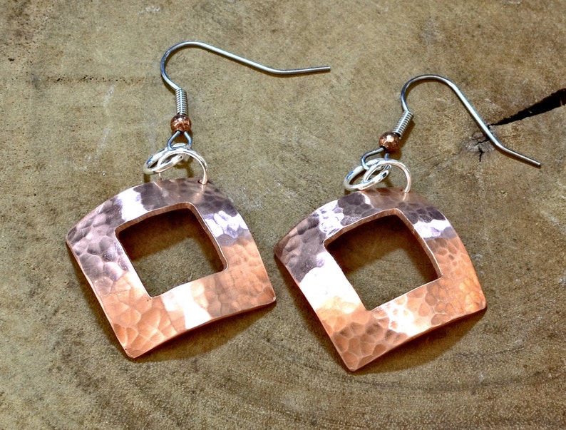 square copper drop earrings with hammered texture and window cut out image 4