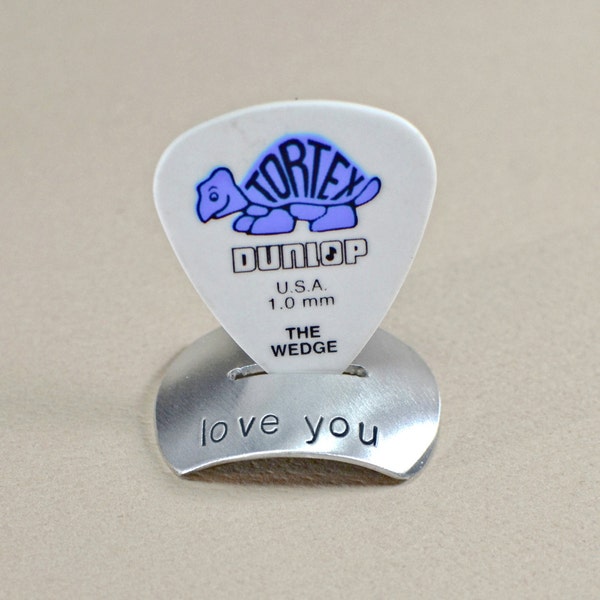 Aluminum guitar pick stand with handstamped I love you