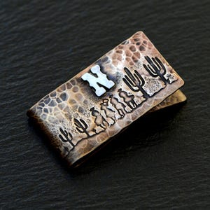 Bronze money clip - rustic - with 4 cowboys on horses and a cacti desert landscape - customized with a western font letter ( choose )