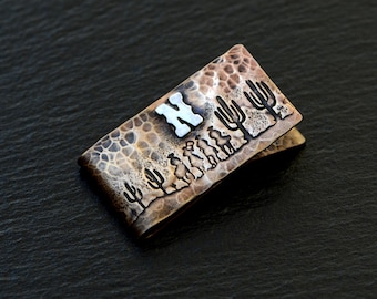 Bronze money clip - rustic - with 4 cowboys on horses and a cacti desert landscape - customized with a western font letter ( choose )