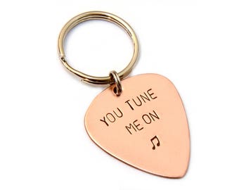 copper guitar pick keyring - playable - you tune me on - great stocking stuffer