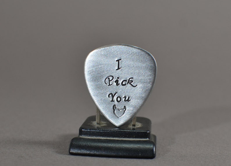 Small medium aluminum guitar pick with I pick you image 4