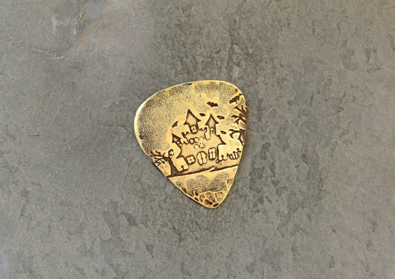 Spooky house Halloween guitar pick playable in brass image 1