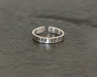 dainty sterling silver toe ring with lick it - handmade - funny toe ring