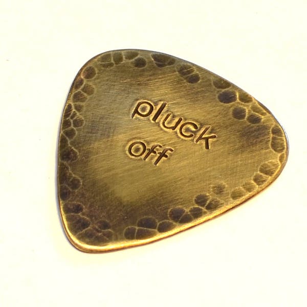 Pluck Off Rustic Brass Guitar Pick with Brushed Antiqued Patina and Hammered Texture