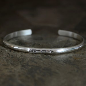 dainty sterling silver heart and arrow stacking cuff bracelet