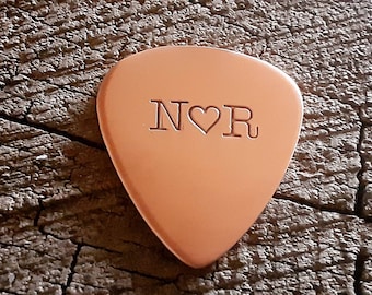 Copper guitar pick - playable with initials and heart - 7th anniversary - copper anniversary - valentines day - birthday gift